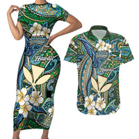 Personalised Hawaii Tribal Humpback Whale Couples Matching Short Sleeve Bodycon Dress and Hawaiian Shirt Omaomao Hibiscus Seamless Pattern