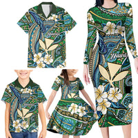 Personalised Hawaii Tribal Humpback Whale Family Matching Long Sleeve Bodycon Dress and Hawaiian Shirt Omaomao Hibiscus Seamless Pattern LT9 - Polynesian Pride