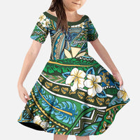 Personalised Hawaii Tribal Humpback Whale Family Matching Off The Shoulder Long Sleeve Dress and Hawaiian Shirt Omaomao Hibiscus Seamless Pattern LT9 Daughter's Dress Green - Polynesian Pride