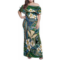 Personalised Hawaii Tribal Humpback Whale Family Matching Off Shoulder Maxi Dress and Hawaiian Shirt Omaomao Hibiscus Seamless Pattern LT9 Mom's Dress Green - Polynesian Pride