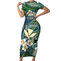 Personalised Hawaii Tribal Humpback Whale Family Matching Short Sleeve Bodycon Dress and Hawaiian Shirt Omaomao Hibiscus Seamless Pattern LT9 Mom's Dress Green - Polynesian Pride
