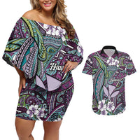 Personalised Hawaii Tribal Humpback Whale Couples Matching Off Shoulder Short Dress and Hawaiian Shirt Poni Hibiscus Seamless Pattern