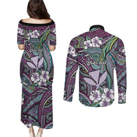 Personalised Hawaii Tribal Humpback Whale Couples Matching Puletasi and Long Sleeve Button Shirt Poni Hibiscus Seamless Pattern