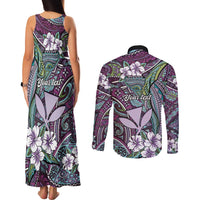 Personalised Hawaii Tribal Humpback Whale Couples Matching Tank Maxi Dress and Long Sleeve Button Shirt Poni Hibiscus Seamless Pattern