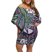 Personalised Hawaii Tribal Humpback Whale Family Matching Off Shoulder Short Dress and Hawaiian Shirt Poni Hibiscus Seamless Pattern LT9 Mom's Dress Purple - Polynesian Pride
