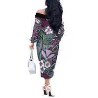 Personalised Hawaii Tribal Humpback Whale Off The Shoulder Long Sleeve Dress Poni Hibiscus Seamless Pattern
