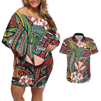 Personalised Hawaii Tribal Humpback Whale Couples Matching Off Shoulder Short Dress and Hawaiian Shirt Ulaula Hibiscus Seamless Pattern