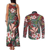 Personalised Hawaii Tribal Humpback Whale Couples Matching Tank Maxi Dress and Long Sleeve Button Shirt Ulaula Hibiscus Seamless Pattern