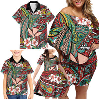 Personalised Hawaii Tribal Humpback Whale Family Matching Off Shoulder Short Dress and Hawaiian Shirt Ulaula Hibiscus Seamless Pattern LT9 - Polynesian Pride