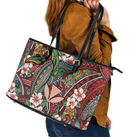 Personalised Hawaii Tribal Humpback Whale Leather Tote Bag Ulaula Hibiscus Seamless Pattern