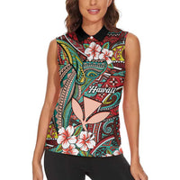 Personalised Hawaii Tribal Humpback Whale Women Sleeveless Polo Shirt Ulaula Hibiscus Seamless Pattern