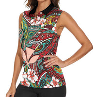 Personalised Hawaii Tribal Humpback Whale Women Sleeveless Polo Shirt Ulaula Hibiscus Seamless Pattern