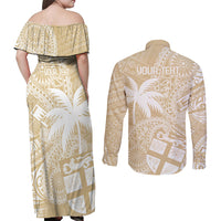 Custom Indo Fijians Couples Matching Off Shoulder Maxi Dress and Long Sleeve Button Shirt Fiji ke Hindustani Polyneisan Paisley Beige Style LT9 - Polynesian Pride
