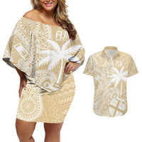 Custom Indo Fijians Couples Matching Off Shoulder Short Dress and Hawaiian Shirt Fiji ke Hindustani Polyneisan Paisley Beige Style LT9 Beige - Polynesian Pride