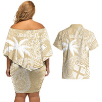 Custom Indo Fijians Couples Matching Off Shoulder Short Dress and Hawaiian Shirt Fiji ke Hindustani Polyneisan Paisley Beige Style LT9 - Polynesian Pride