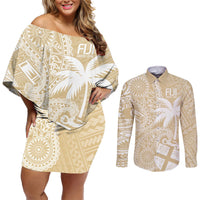 Custom Indo Fijians Couples Matching Off Shoulder Short Dress and Long Sleeve Button Shirt Fiji ke Hindustani Polyneisan Paisley Beige Style LT9 Beige - Polynesian Pride