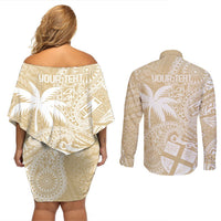 Custom Indo Fijians Couples Matching Off Shoulder Short Dress and Long Sleeve Button Shirt Fiji ke Hindustani Polyneisan Paisley Beige Style LT9 - Polynesian Pride