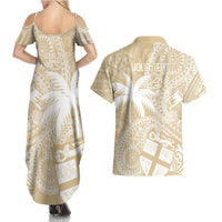 Custom Indo Fijians Couples Matching Summer Maxi Dress and Hawaiian Shirt Fiji ke Hindustani Polyneisan Paisley Beige Style LT9 - Polynesian Pride