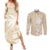 Custom Indo Fijians Couples Matching Summer Maxi Dress and Long Sleeve Button Shirt Fiji ke Hindustani Polyneisan Paisley Beige Style LT9 Beige - Polynesian Pride
