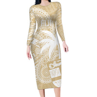 Custom Indo Fijians Family Matching Long Sleeve Bodycon Dress and Hawaiian Shirt Fiji ke Hindustani Polyneisan Paisley Beige Style LT9 Mom's Dress Beige - Polynesian Pride