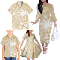 Custom Indo Fijians Family Matching Off The Shoulder Long Sleeve Dress and Hawaiian Shirt Fiji ke Hindustani Polyneisan Paisley Beige Style LT9 - Polynesian Pride