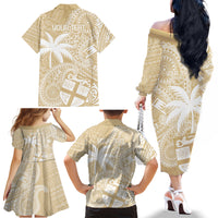 Custom Indo Fijians Family Matching Off The Shoulder Long Sleeve Dress and Hawaiian Shirt Fiji ke Hindustani Polyneisan Paisley Beige Style LT9 - Polynesian Pride