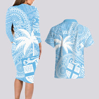 Custom Indo Fijians Couples Matching Long Sleeve Bodycon Dress and Hawaiian Shirt Fiji ke Hindustani Polyneisan Paisley Blue Style LT9 - Polynesian Pride
