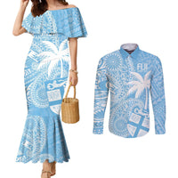 Custom Indo Fijians Couples Matching Mermaid Dress and Long Sleeve Button Shirt Fiji ke Hindustani Polyneisan Paisley Blue Style LT9 Blue - Polynesian Pride