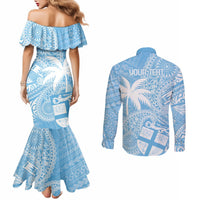 Custom Indo Fijians Couples Matching Mermaid Dress and Long Sleeve Button Shirt Fiji ke Hindustani Polyneisan Paisley Blue Style LT9 - Polynesian Pride