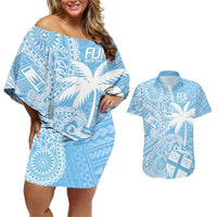 Custom Indo Fijians Couples Matching Off Shoulder Short Dress and Hawaiian Shirt Fiji ke Hindustani Polyneisan Paisley Blue Style LT9 Blue - Polynesian Pride