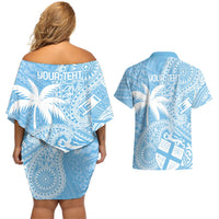 Custom Indo Fijians Couples Matching Off Shoulder Short Dress and Hawaiian Shirt Fiji ke Hindustani Polyneisan Paisley Blue Style LT9 - Polynesian Pride