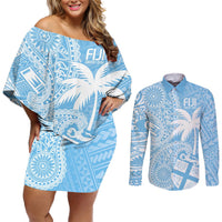 Custom Indo Fijians Couples Matching Off Shoulder Short Dress and Long Sleeve Button Shirt Fiji ke Hindustani Polyneisan Paisley Blue Style LT9 Blue - Polynesian Pride