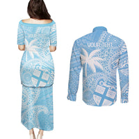Custom Indo Fijians Couples Matching Puletasi and Long Sleeve Button Shirt Fiji ke Hindustani Polyneisan Paisley Blue Style LT9 - Polynesian Pride