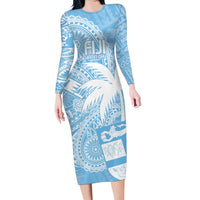 Custom Indo Fijians Family Matching Long Sleeve Bodycon Dress and Hawaiian Shirt Fiji ke Hindustani Polyneisan Paisley Blue Style LT9 Mom's Dress Blue - Polynesian Pride