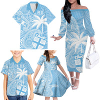 Custom Indo Fijians Family Matching Off The Shoulder Long Sleeve Dress and Hawaiian Shirt Fiji ke Hindustani Polyneisan Paisley Blue Style LT9 - Polynesian Pride