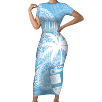 Custom Indo Fijians Short Sleeve Bodycon Dress Fiji ke Hindustani Polyneisan Paisley Blue Style LT9 Long Dress Blue - Polynesian Pride
