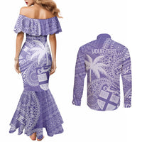 Custom Indo Fijians Couples Matching Mermaid Dress and Long Sleeve Button Shirt Fiji ke Hindustani Polyneisan Paisley Purple Style LT9 - Polynesian Pride