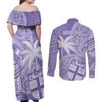 Custom Indo Fijians Couples Matching Off Shoulder Maxi Dress and Long Sleeve Button Shirt Fiji ke Hindustani Polyneisan Paisley Purple Style LT9 - Polynesian Pride