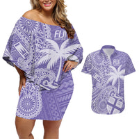 Custom Indo Fijians Couples Matching Off Shoulder Short Dress and Hawaiian Shirt Fiji ke Hindustani Polyneisan Paisley Purple Style LT9 Purple - Polynesian Pride