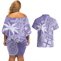 Custom Indo Fijians Couples Matching Off Shoulder Short Dress and Hawaiian Shirt Fiji ke Hindustani Polyneisan Paisley Purple Style LT9 - Polynesian Pride