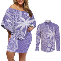 Custom Indo Fijians Couples Matching Off Shoulder Short Dress and Long Sleeve Button Shirt Fiji ke Hindustani Polyneisan Paisley Purple Style LT9 Purple - Polynesian Pride