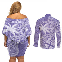 Custom Indo Fijians Couples Matching Off Shoulder Short Dress and Long Sleeve Button Shirt Fiji ke Hindustani Polyneisan Paisley Purple Style LT9 - Polynesian Pride