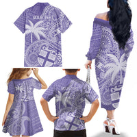 Custom Indo Fijians Family Matching Off The Shoulder Long Sleeve Dress and Hawaiian Shirt Fiji ke Hindustani Polyneisan Paisley Purple Style LT9 - Polynesian Pride