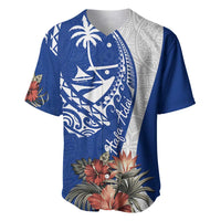 Blue Guam Hafa Adai Baseball Jersey Tropical Flowers with Polynesian Pattern