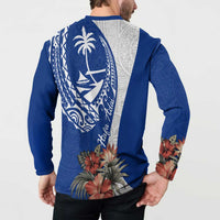 Blue Guam Hafa Adai Button Sweatshirt Tropical Flowers with Polynesian Pattern