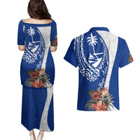 Blue Guam Hafa Adai Couples Matching Puletasi and Hawaiian Shirt Tropical Flowers with Polynesian Pattern