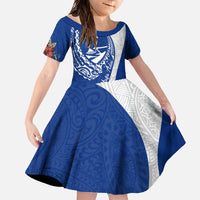 Blue Guam Hafa Adai Family Matching Off The Shoulder Long Sleeve Dress and Hawaiian Shirt Tropical Flowers with Polynesian Pattern