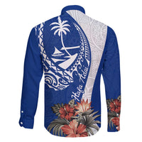 Blue Guam Hafa Adai Family Matching Off Shoulder Maxi Dress and Hawaiian Shirt Tropical Flowers with Polynesian Pattern