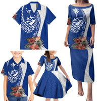 Blue Guam Hafa Adai Family Matching Puletasi and Hawaiian Shirt Tropical Flowers with Polynesian Pattern