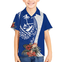 Blue Guam Hafa Adai Family Matching Puletasi and Hawaiian Shirt Tropical Flowers with Polynesian Pattern